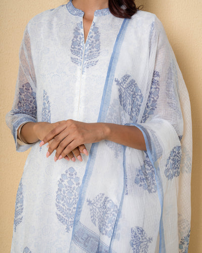 Porcelain Blue Block Print Kota Doria Suit Set