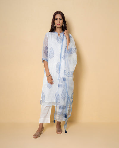 Porcelain Blue Block Print Kota Doria Suit Set