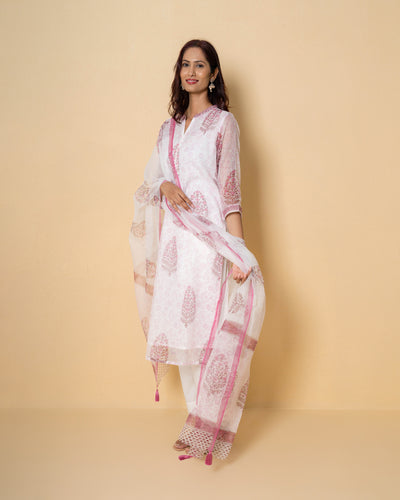 White Rose Block Print Kota Doria Suit Set