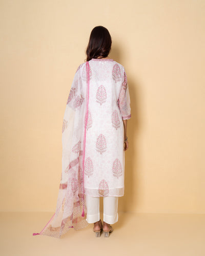 White Rose Block Print Kota Doria Suit Set