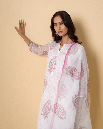 White Rose Block Print Kota Doria Suit Set