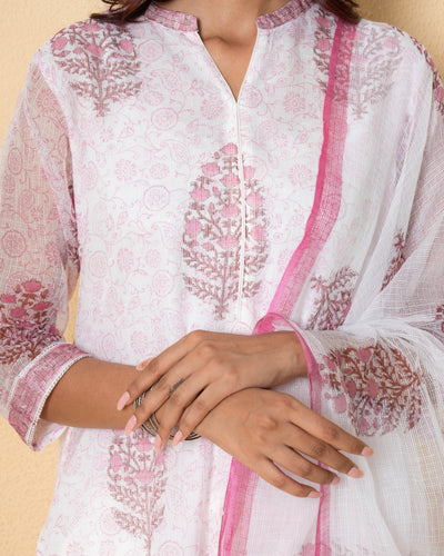 White Rose Block Print Kota Doria Suit Set