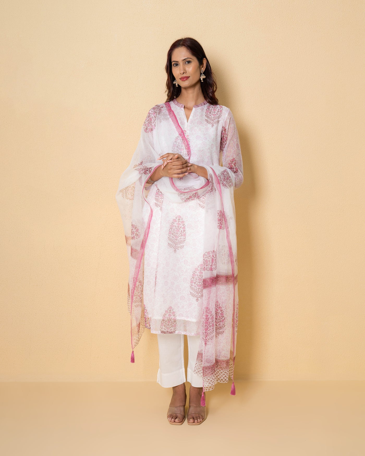 White Rose Block Print Kota Doria Suit Set
