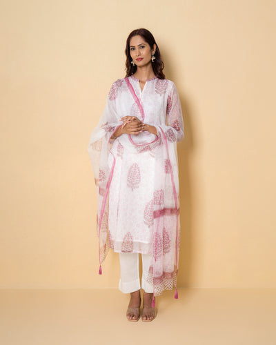 White Rose Block Print Kota Doria Suit Set
