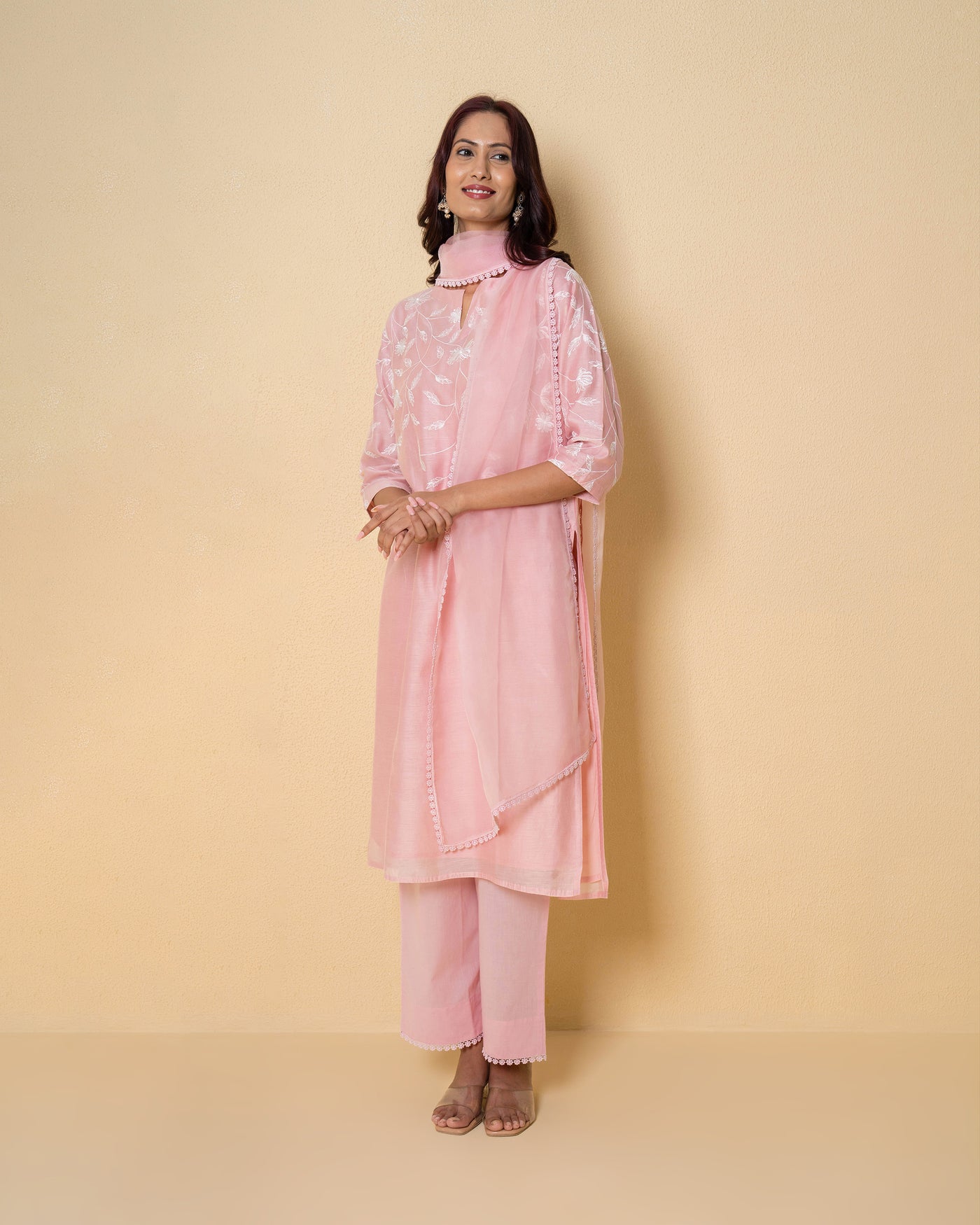 Misty Rose Embroidered Chanderi Suit Set
