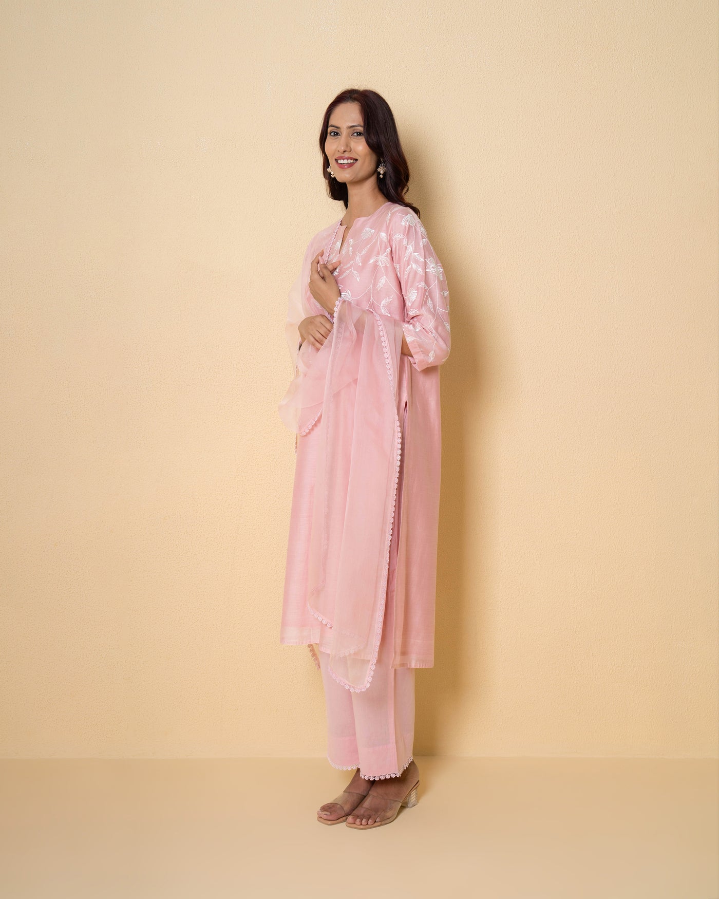 Misty Rose Embroidered Chanderi Suit Set