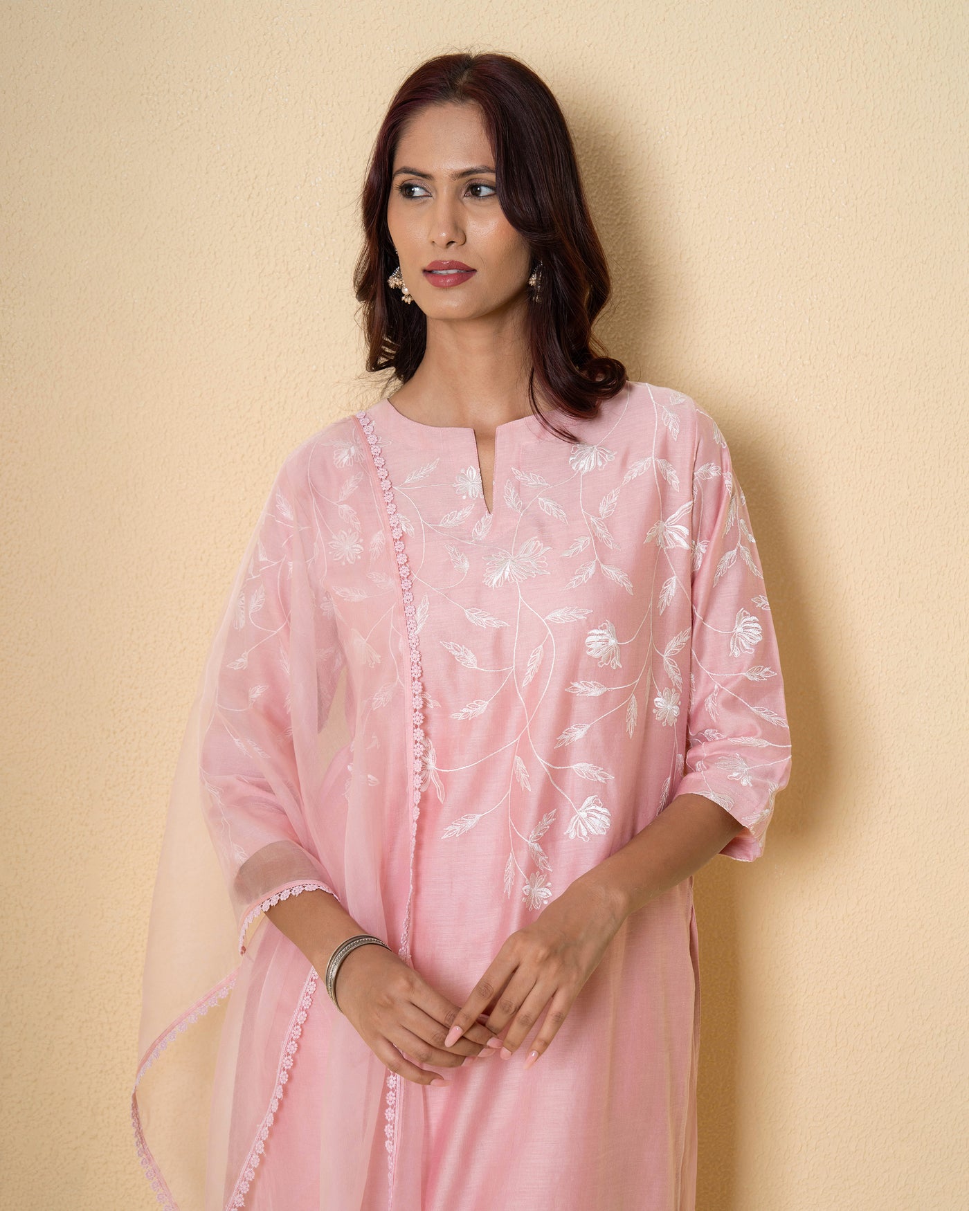 Misty Rose Embroidered Chanderi Suit Set