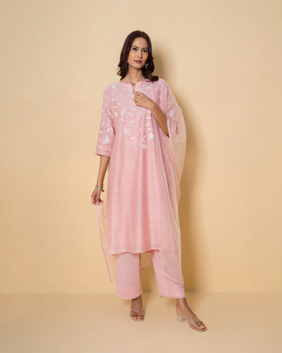 Misty Rose Embroidered Chanderi Suit Set
