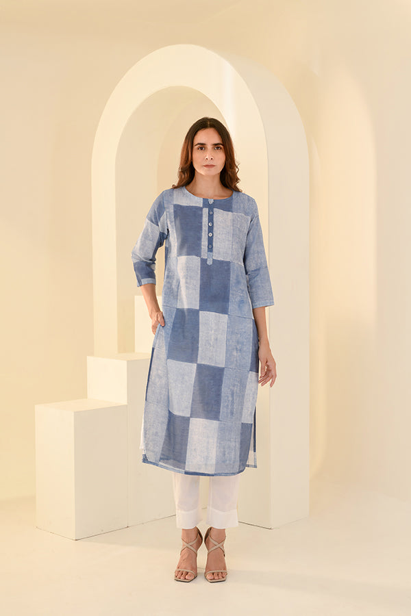 Slate Blue Printed Chanderi Kurta Set