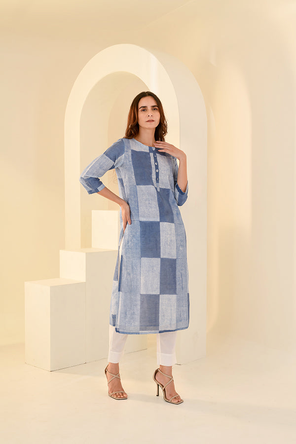 Slate Blue Printed Chanderi Kurta Set