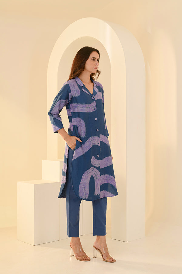 Chic Blue Printed Chanderi Kurta Set