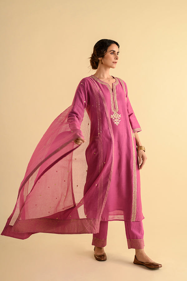 Pink Purple Gota Work Chanderi Straight Suit Set