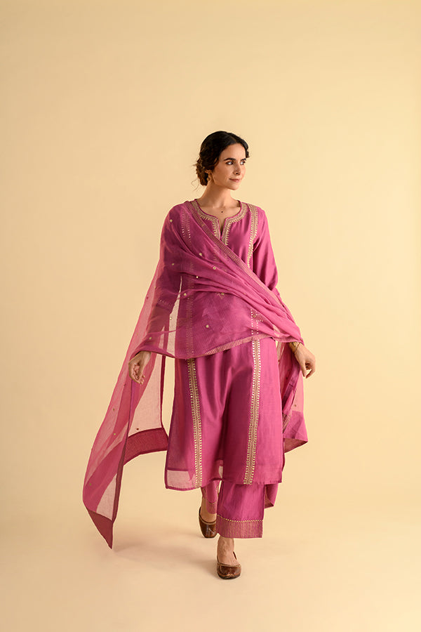 Pink Purple Gota Work Chanderi Straight Suit Set