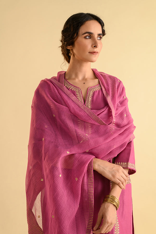 Pink Purple Gota Work Chanderi Straight Suit Set