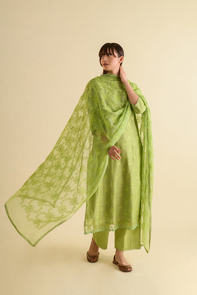 Macaw Green Floral Embroidered Chanderi Suit Set