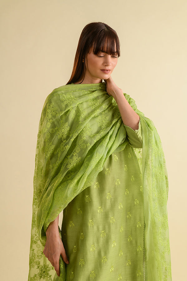 Macaw Green Floral Embroidered Chanderi Suit Set