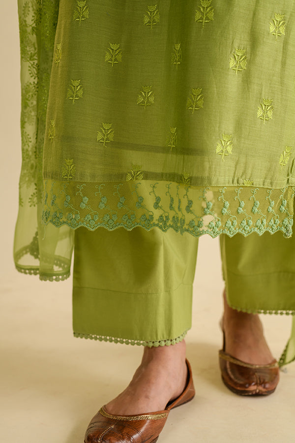 Macaw Green Floral Embroidered Chanderi Suit Set