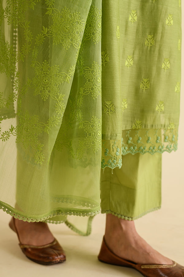 Macaw Green Floral Embroidered Chanderi Suit Set