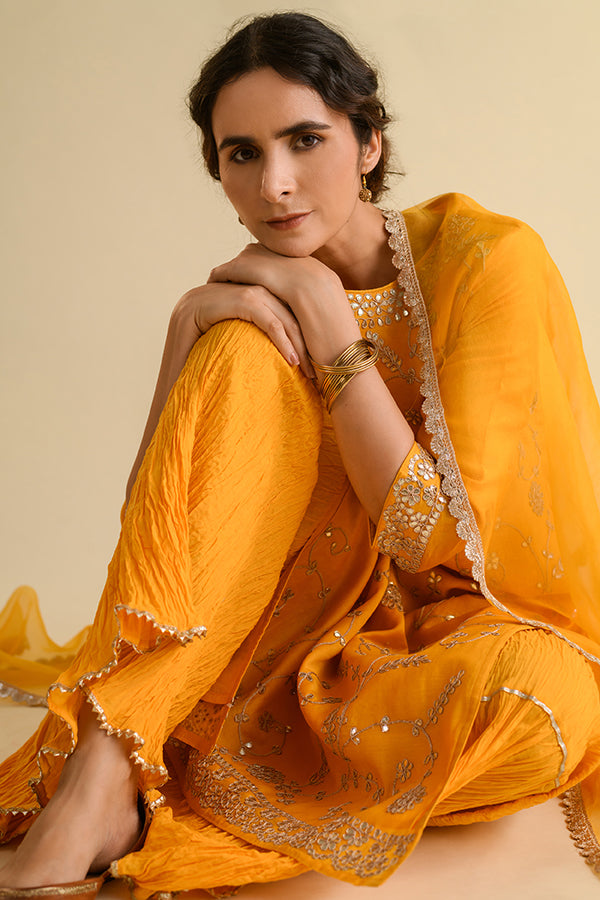 Saffron Yellow Gota Patti Chanderi Suit Set