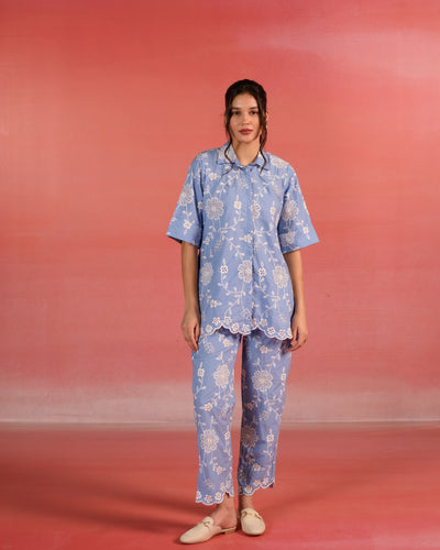 Blue Bliss Floral Embroidered Poplin Co-ord Set