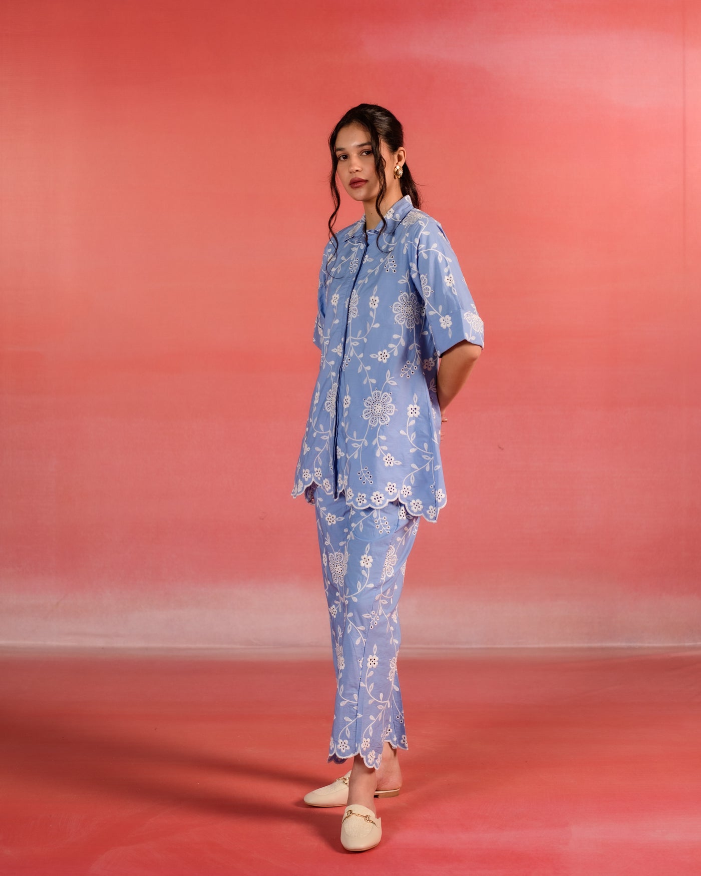 Blue Bliss Floral Embroidered Poplin Co-ord Set