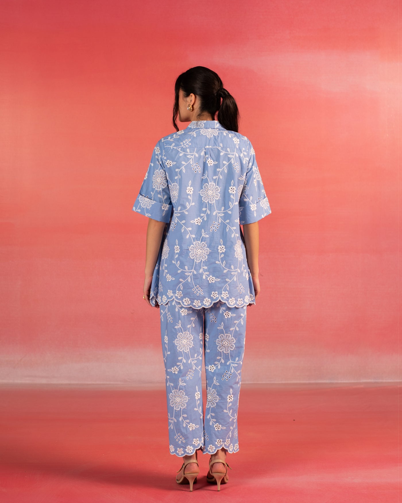 Blue Bliss Floral Embroidered Poplin Co-ord Set