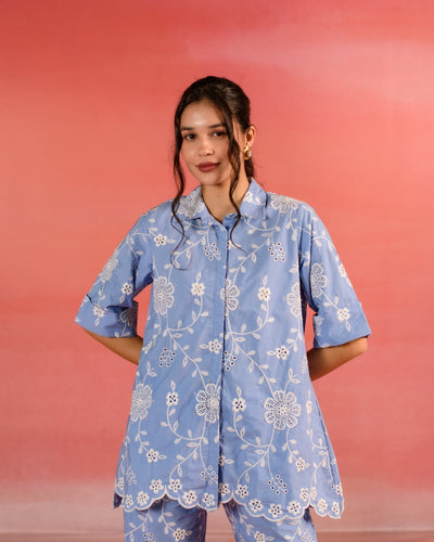 Serene Blue Floral Embroidered Poplin Shirt