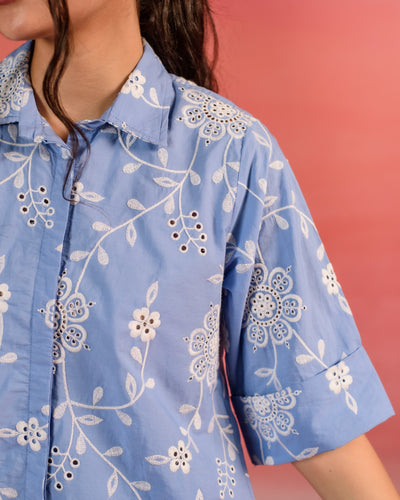 Serene Blue Floral Embroidered Poplin Shirt