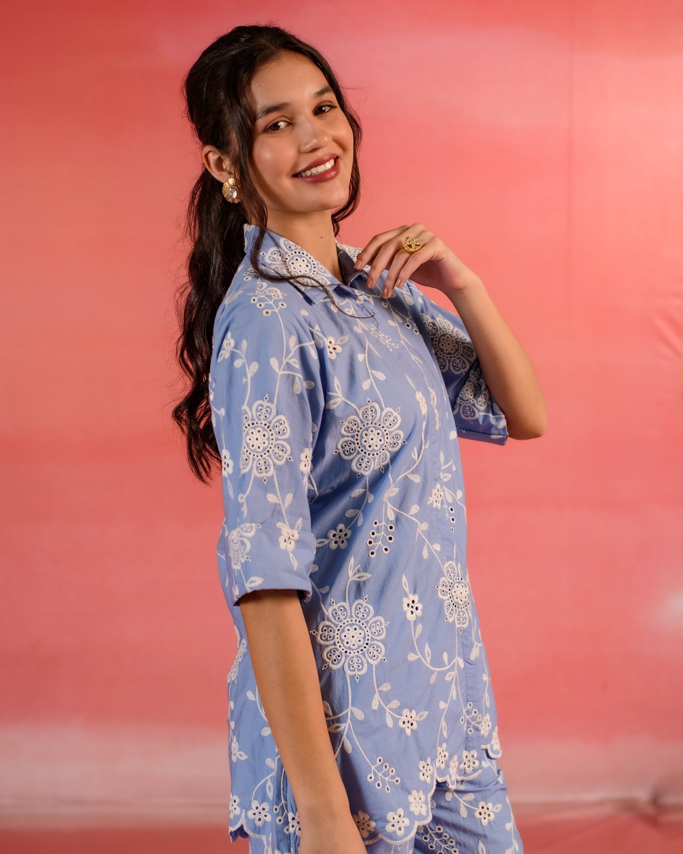 Serene Blue Floral Embroidered Poplin Shirt