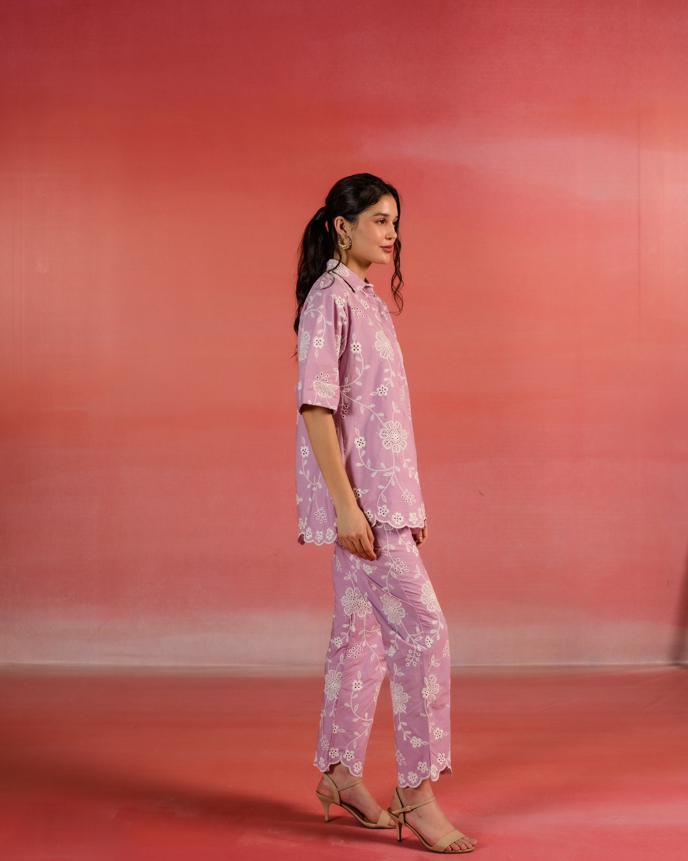 Puce Pink Floral Embroidered Poplin Co-ord Set