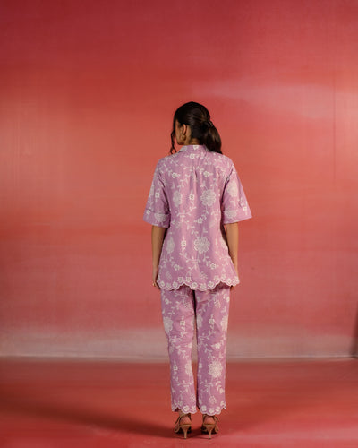 Puce Pink Floral Embroidered Poplin Co-ord Set