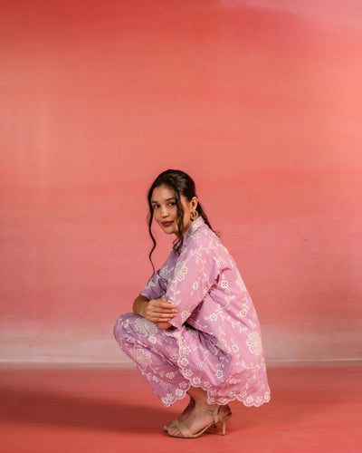 Puce Pink Floral Embroidered Poplin Co-ord Set