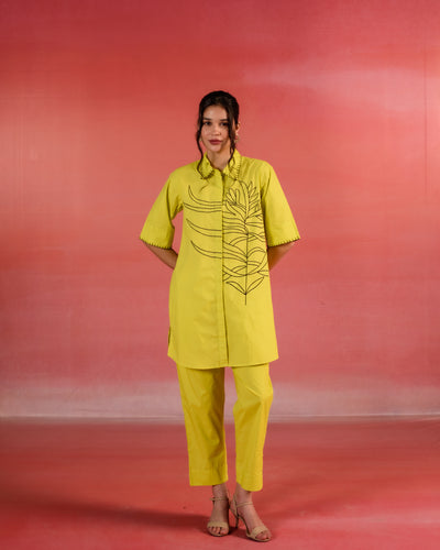 Sunlit Floral  Embroidered Lemon Yellow Poplin Co-ord Set