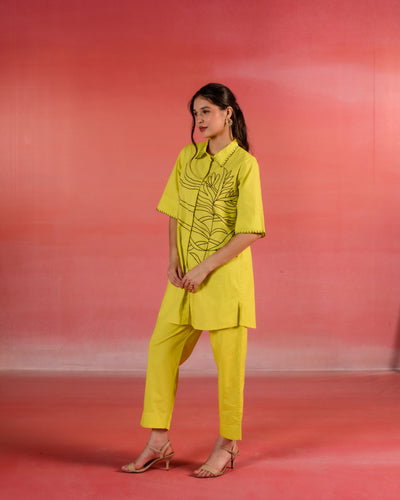 Sunlit Floral  Embroidered Lemon Yellow Poplin Co-ord Set