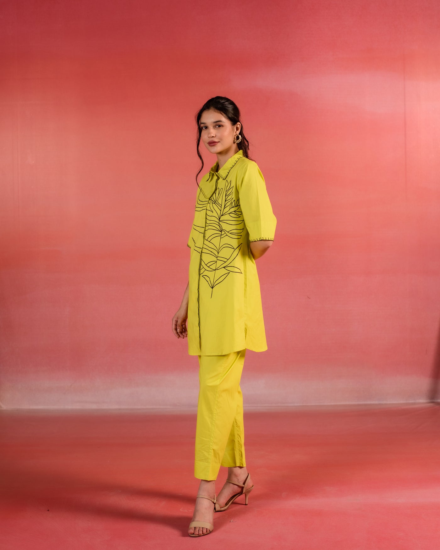 Sunlit Floral  Embroidered Lemon Yellow Poplin Co-ord Set