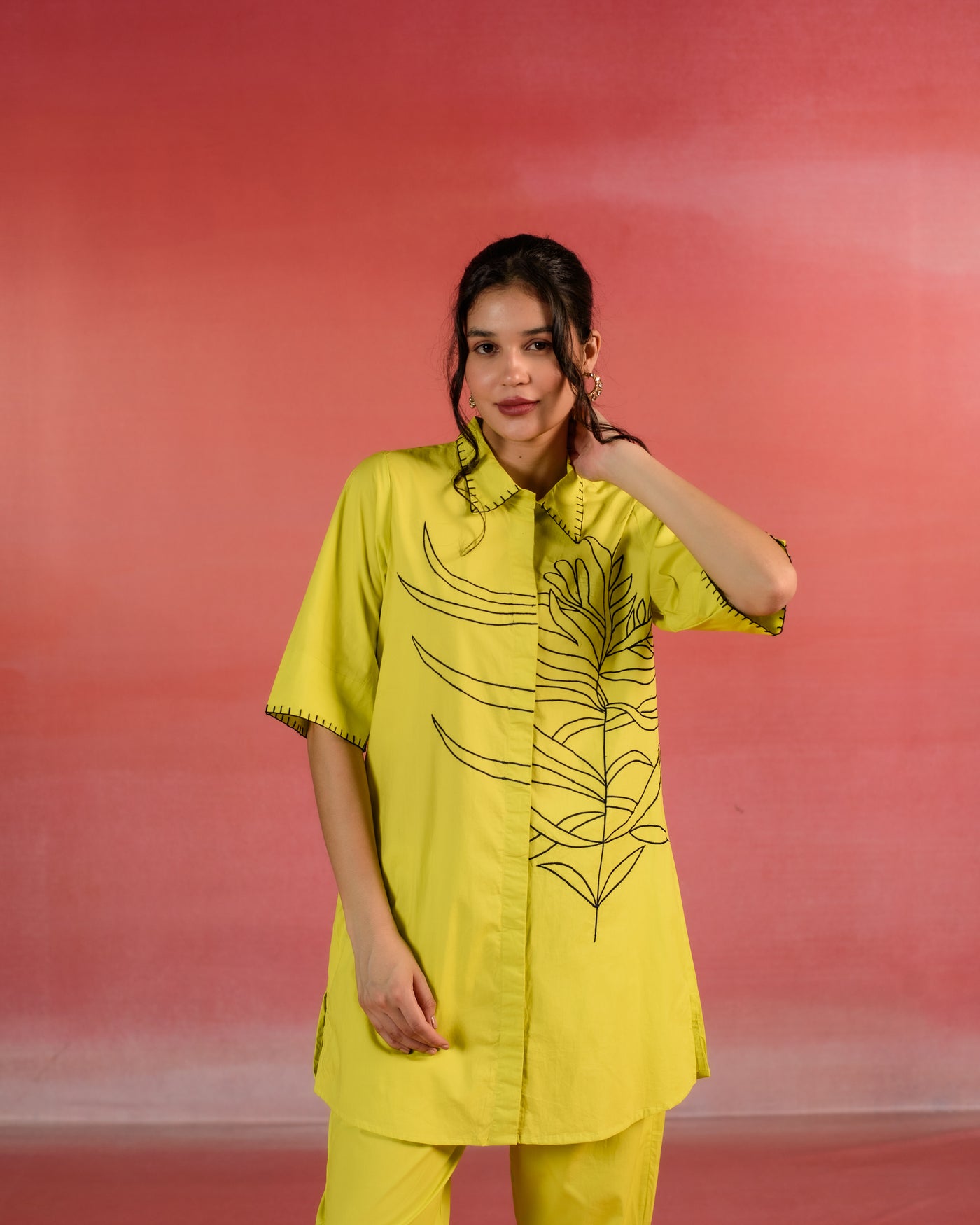 Sunlit Floral  Embroidered Lemon Yellow Poplin Co-ord Set