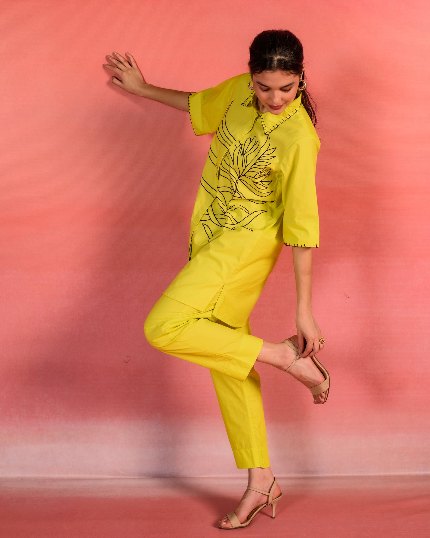 Sunlit Floral  Embroidered Lemon Yellow Poplin Co-ord Set