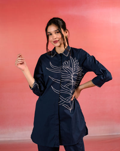 Navy Bloom Embroidered Blue Poplin Co-ord Set