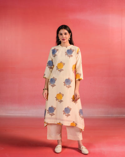 Sandstone Floral Block Print  A-line  Chanderi Kurta Set