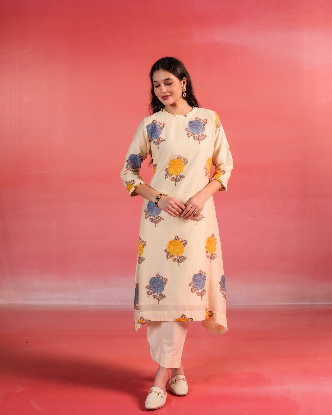 Sandstone Floral Block Print  A-line  Chanderi Kurta Set