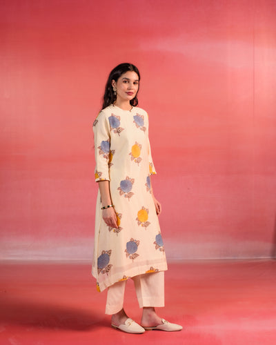 Sandstone Floral Block Print  A-line  Chanderi Kurta Set