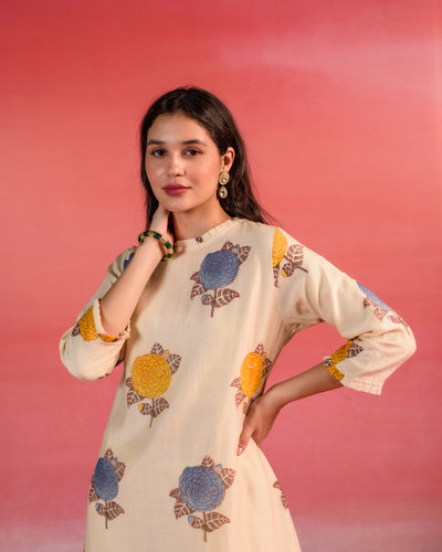 Sandstone Floral Block Print  A-line  Chanderi Kurta Set