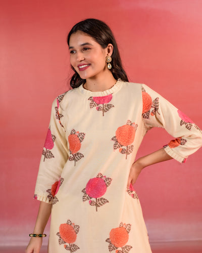 Desert Flower Block Print  A-line Chanderi Kurta Set