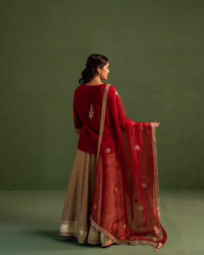 Dusky Red Gota Patti Chanderi Lehanga Set