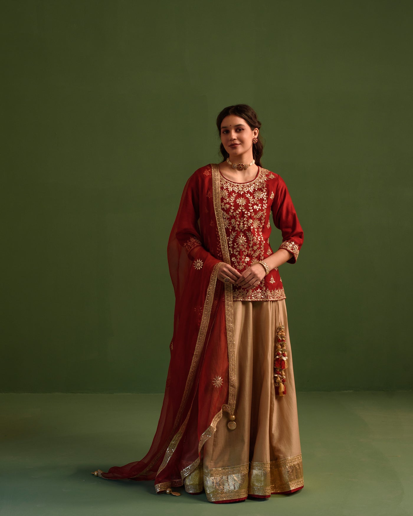 Dusky Red Gota Patti Chanderi Lehanga Set