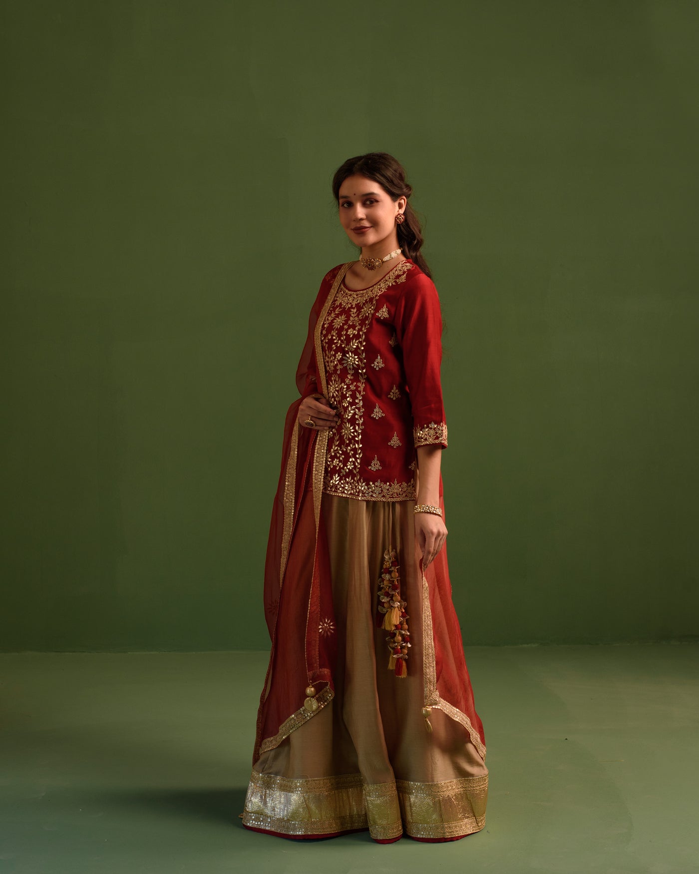 Dusky Red Gota Patti Chanderi Lehanga Set