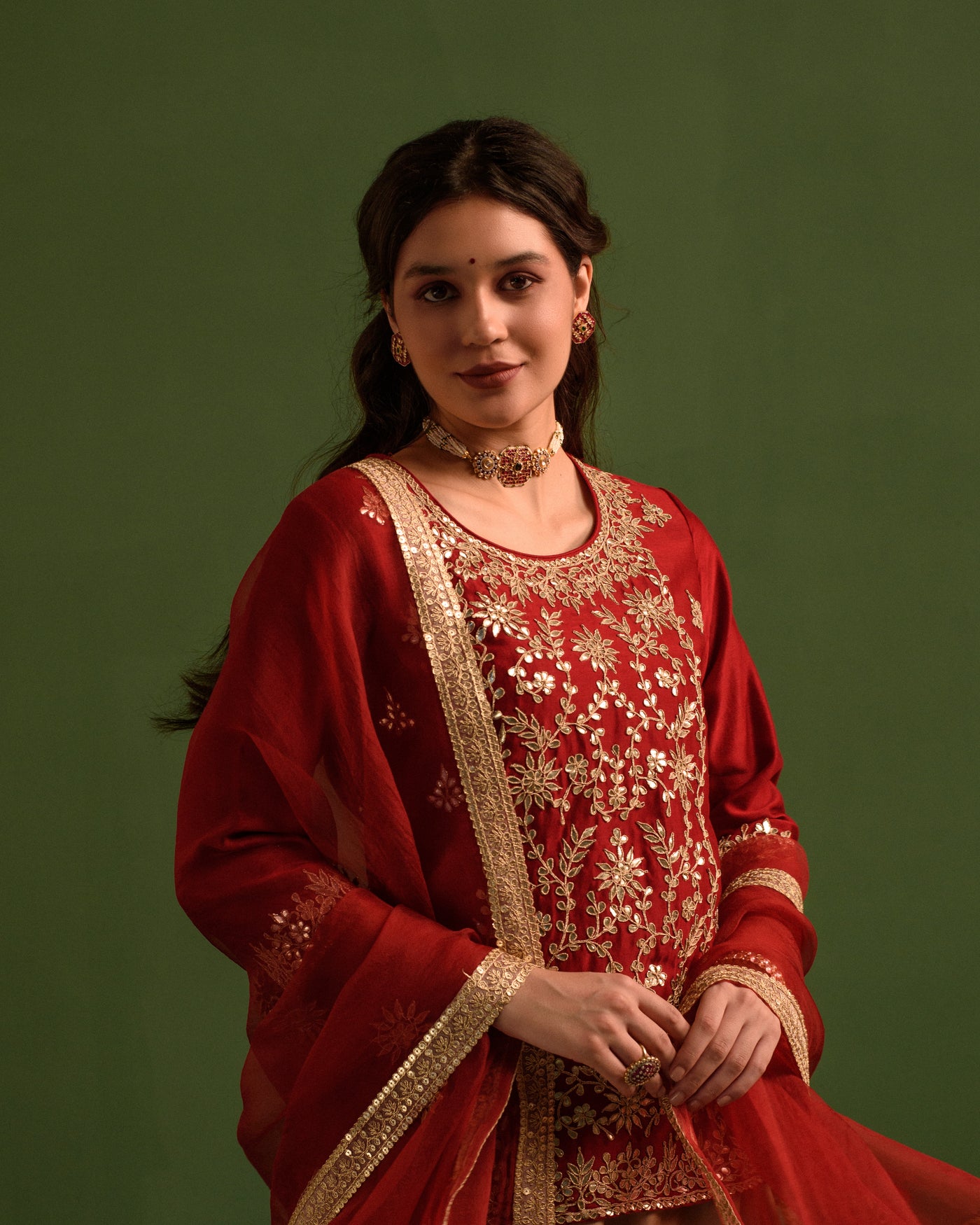 Dusky Red Gota Patti Chanderi Lehanga Set