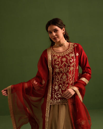 Dusky Red Gota Patti Chanderi Lehanga Set