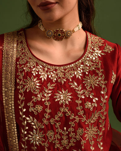 Dusky Red Gota Patti Chanderi Lehanga Set