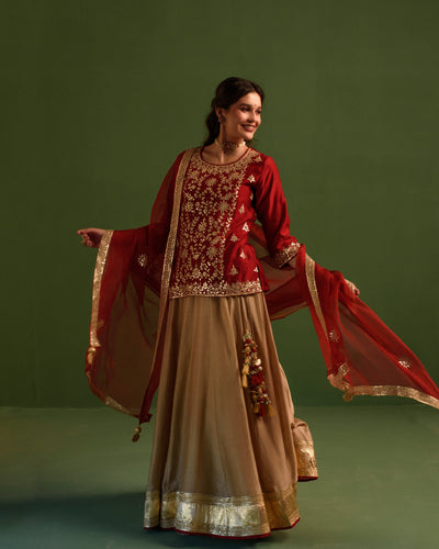 Dusky Red Gota Patti Chanderi Lehanga Set